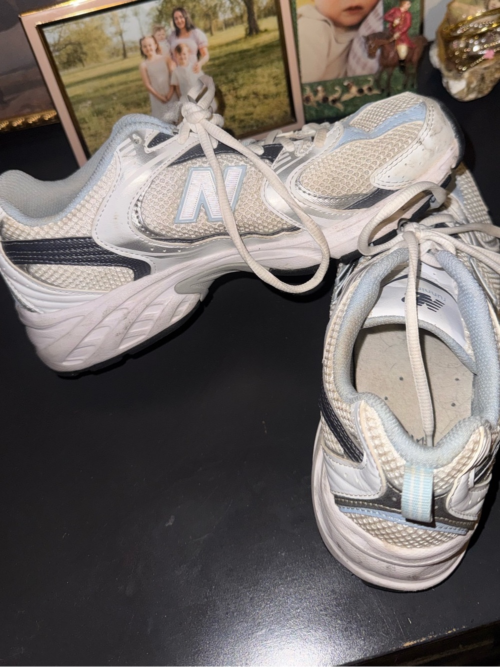 New Balance White with Light Blue and Navy Athletic Sneakers